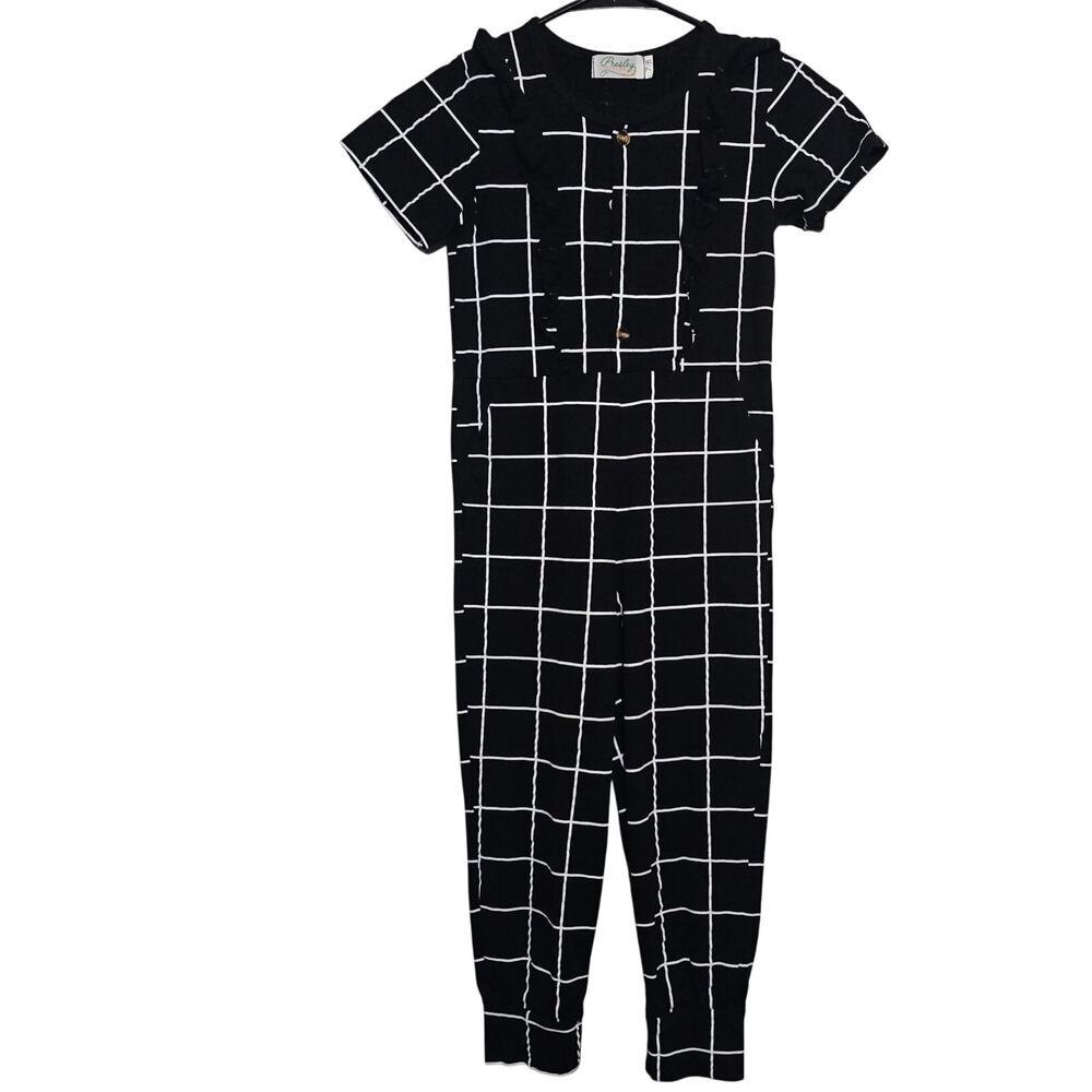 Presley Couture Ruffle Pocket‎ Jumpsuit Girls 7/8 Black White Window Pane